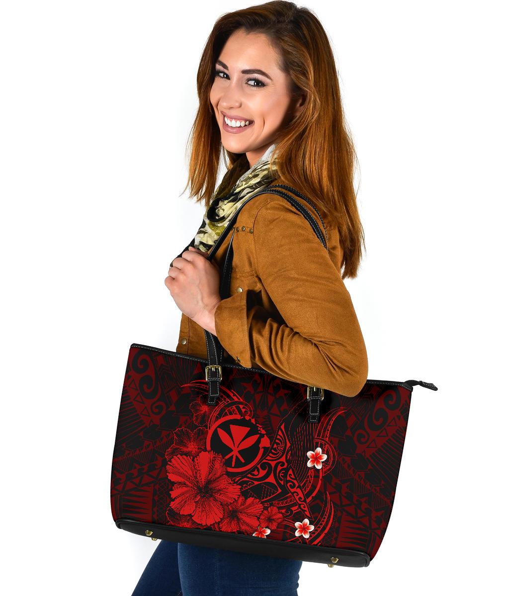 Polynesian Hawaii Kanaka Maoli Leather Tote Bag - Humpback Whale with Hibiscus (Red) - Polynesian Pride