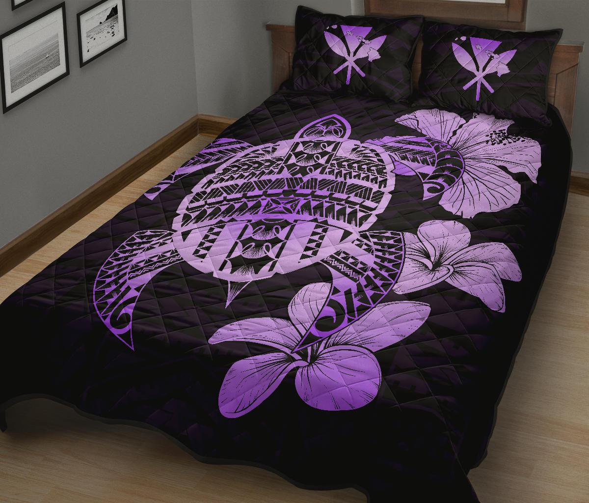Hawaiian Kanaka Hibiscus Plumeria Mix Polynesian Turtle Quilt Bed Set Violet AH - Polynesian Pride