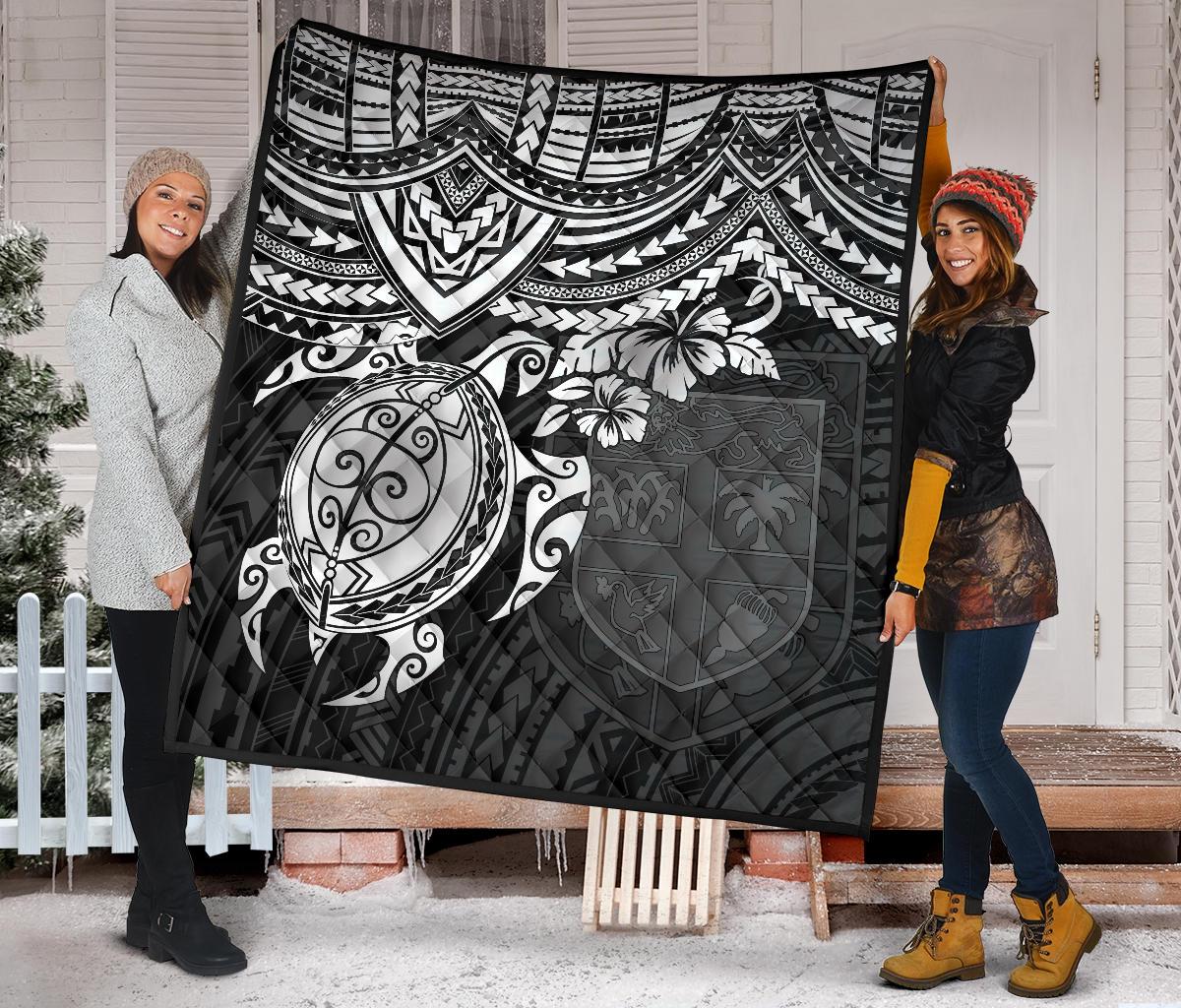 Fiji Polynesian Premium Quilt - Fiji Flag & White Turtle Hibiscus - Polynesian Pride