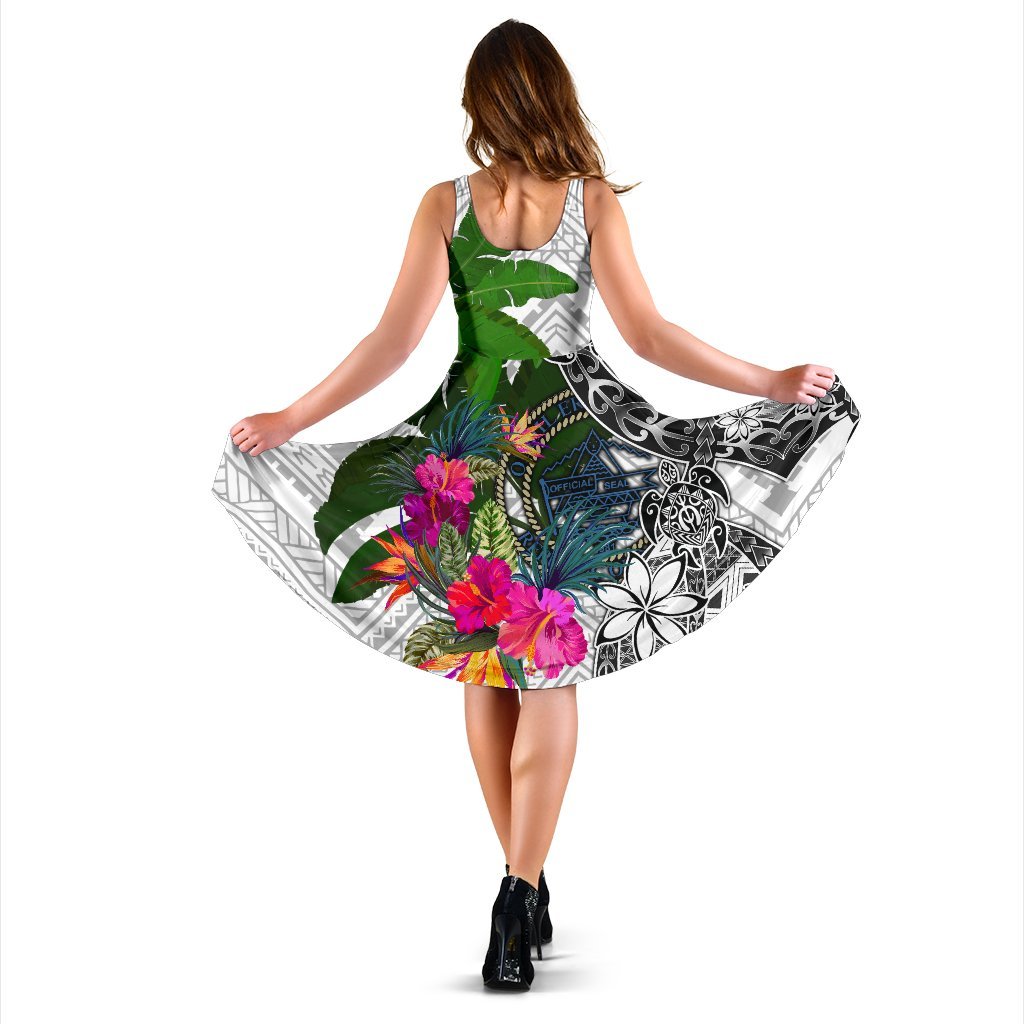 Palau Midi Dress White - Turtle Plumeria Banana Leaf Crest - Polynesian Pride