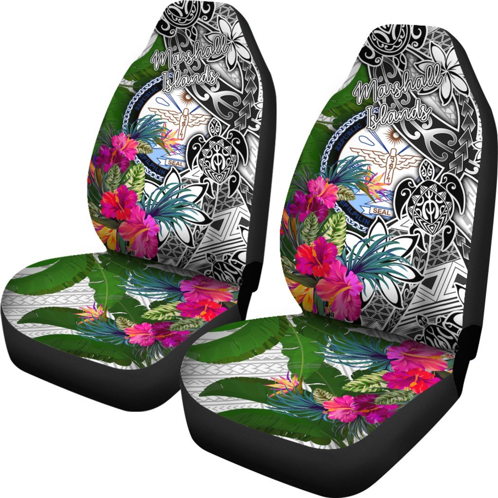Marshall Islands Car Seat Covers White - Turtle Plumeria Banana Leaf Crest - Polynesian Pride