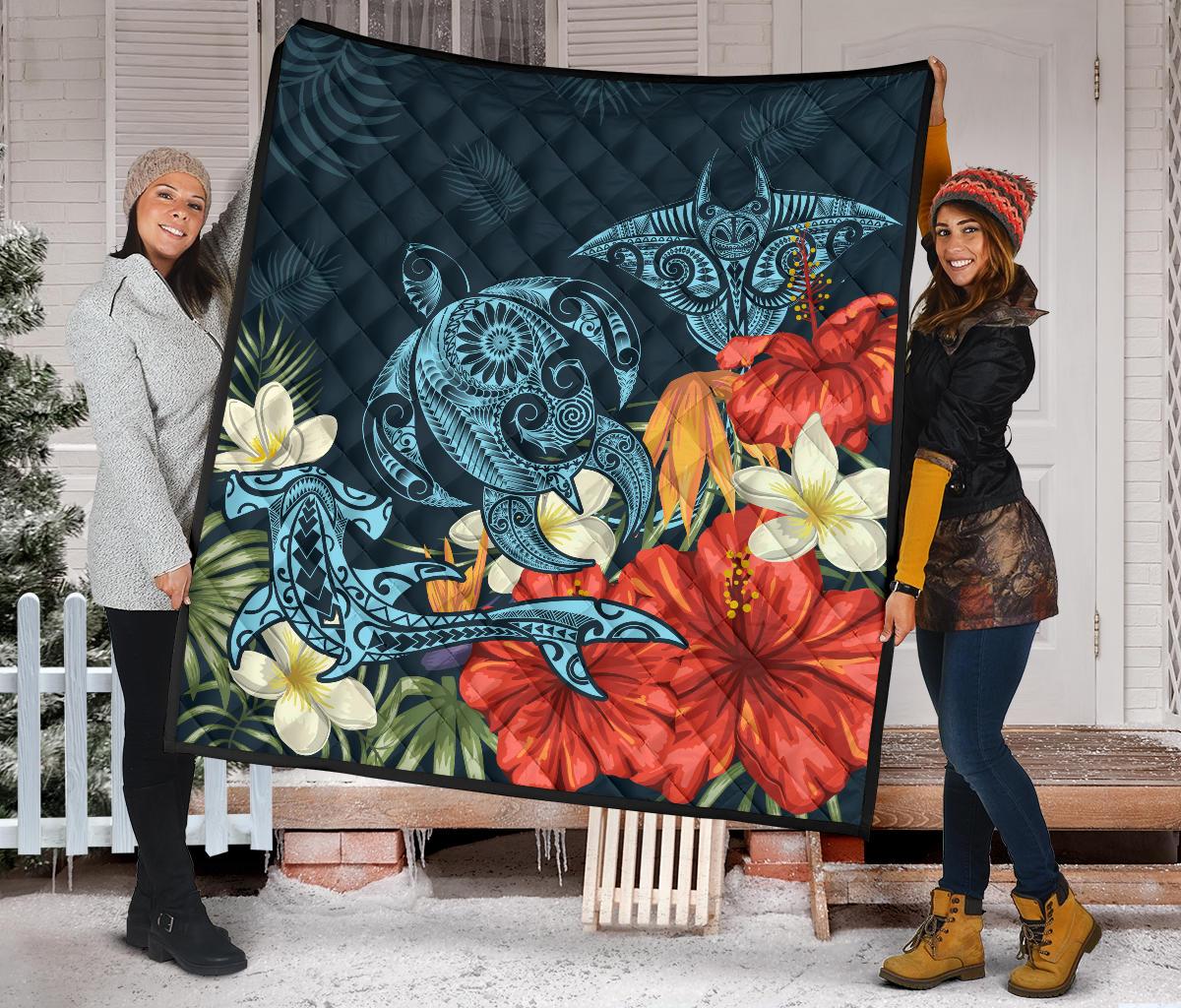 Hawaii Turtle Shark Manta Ray Hibiscus Plumeria Premium Quilt - Polynesian Pride