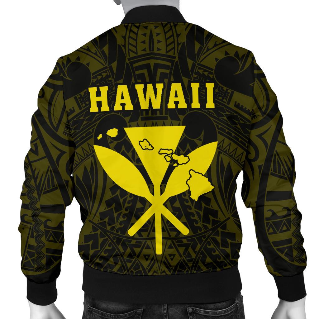 Hawaii Kakau Makau Fish Hook Kanaka Map Men's Bomber Jacket Polynesian - Yellow - Polynesian Pride