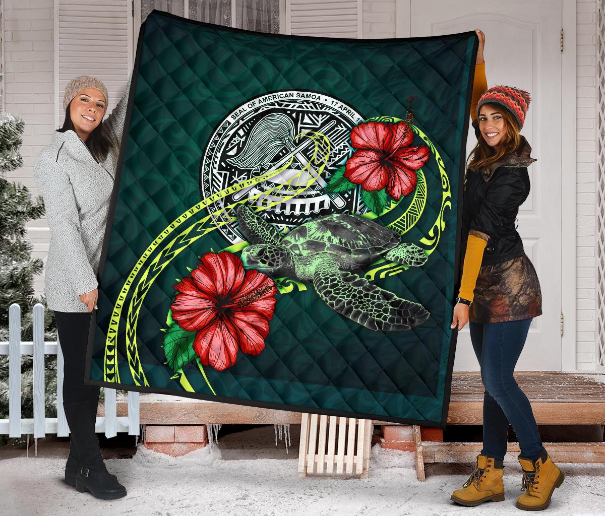 American Samoa Polynesian Premium Quilt - Green Turtle Hibiscus - Polynesian Pride