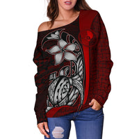 Yap Micronesia Women Off Shoulder Sweater Red - Turtle With Hook - Polynesian Pride