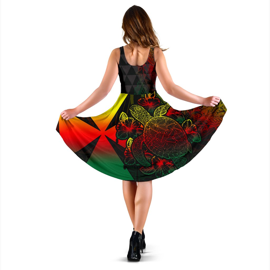 Wallis And Futuna Polynesian Midi Dress - Turtle Hibiscus Reggae - Polynesian Pride