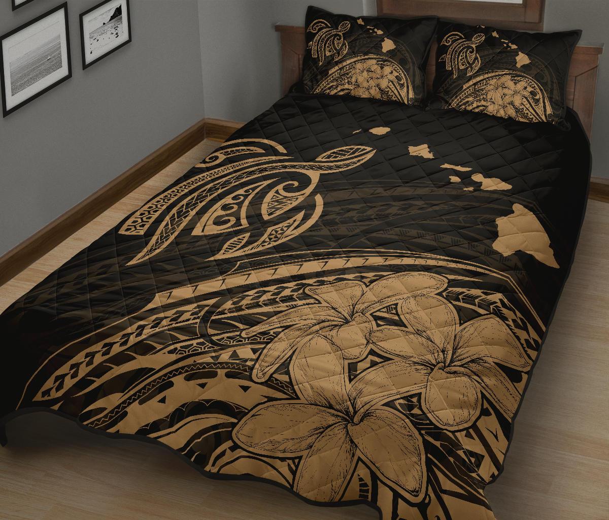 Hawaii Quilt Bed Set - Turtle Polynesian Map Plumeria Gold - Polynesian Pride