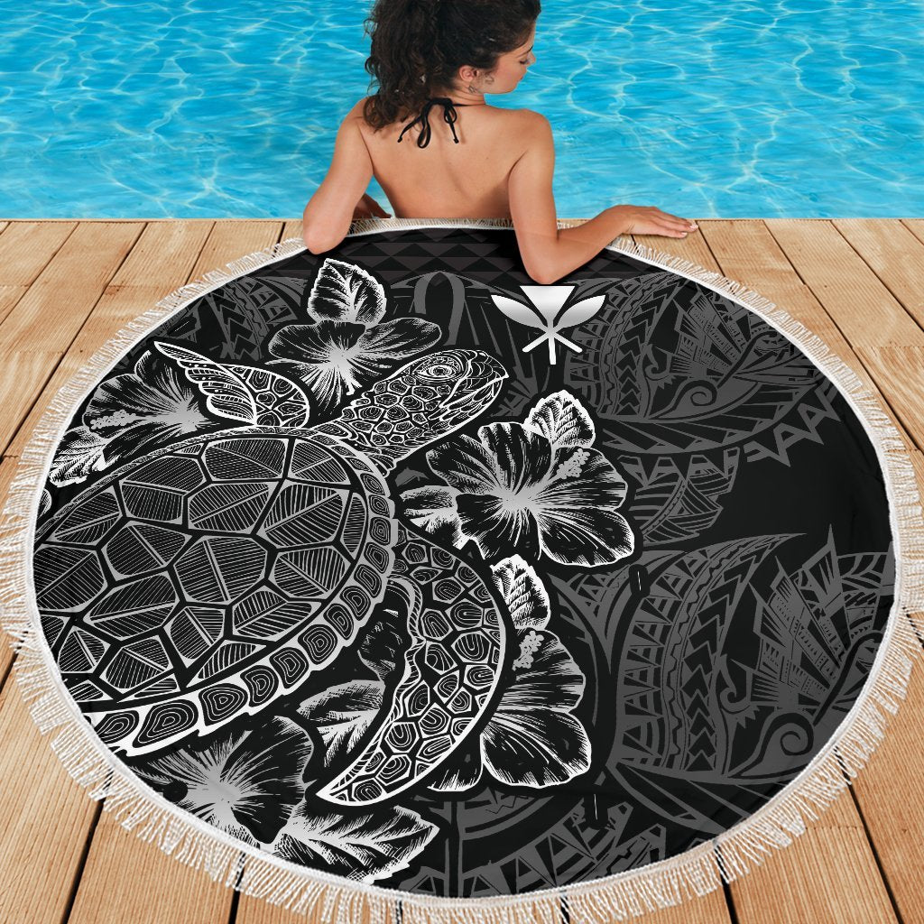 Polynesian Hawaii Polynesia Beach Blanket Turtle Hibiscus Black - Polynesian Pride
