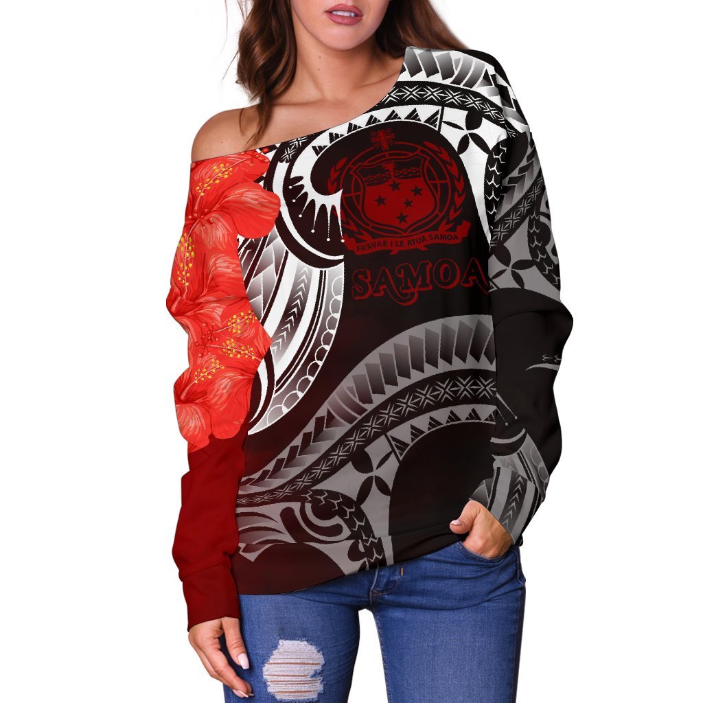 Samoa Women's Off Shoulder Sweater - Samoa Seal Wave Style (Red) - Polynesian Pride