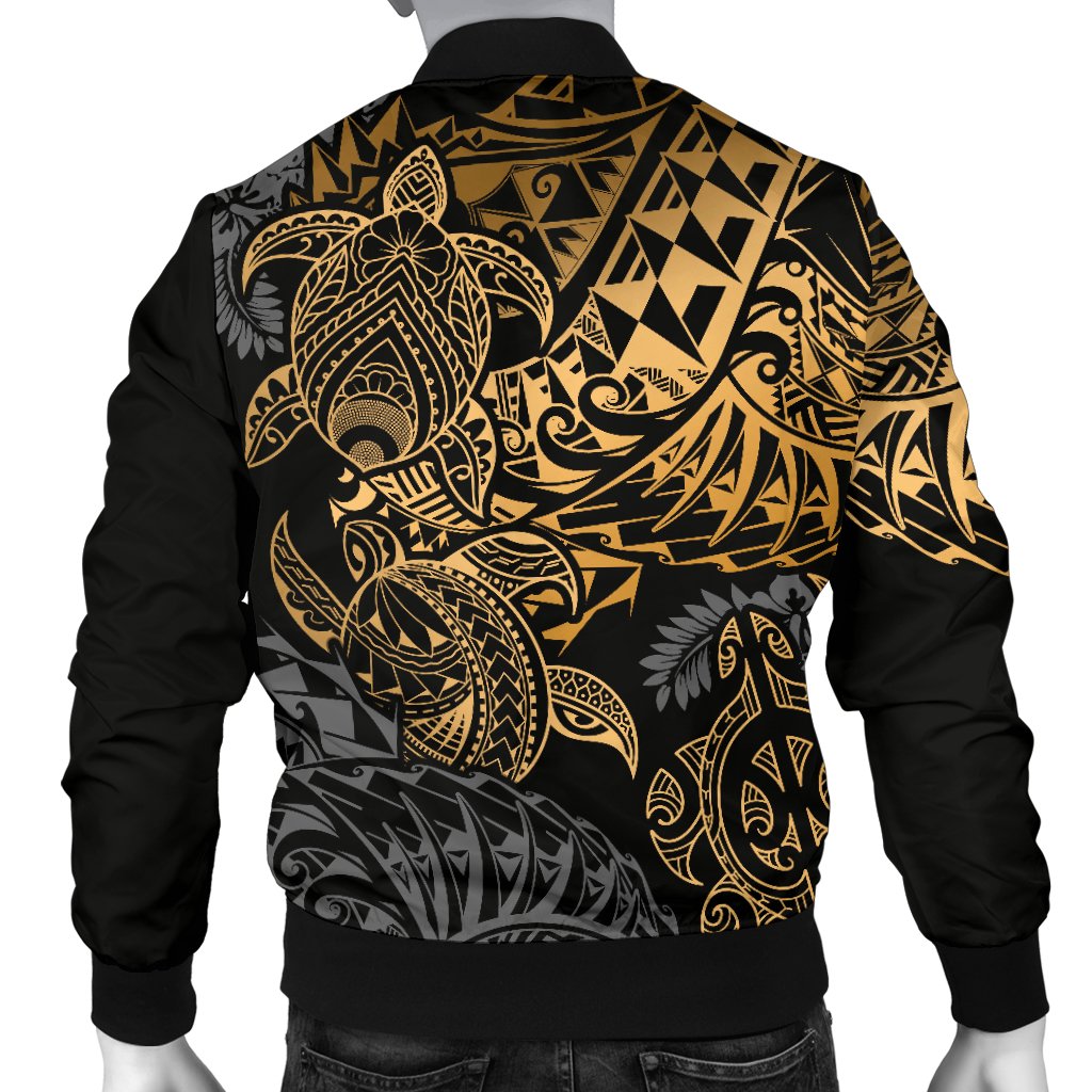 Tonga Polynesian Bomber Jacket (Men) - Gold Turtle Flowing - Polynesian Pride