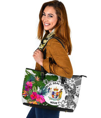 Niue Large Leather Tote Bag White - Turtle Plumeria Banana Leaf - Polynesian Pride