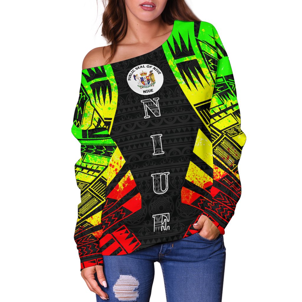 Niue Women's Off Shoulder Sweater - Polynesian Tattoo Reggae - Polynesian Pride