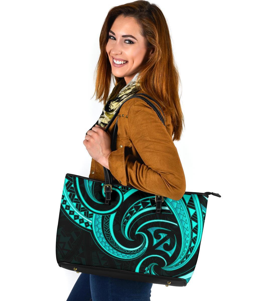 New Zealand Maori Mangopare Large Leather Tote Polynesian - Turquoise - Polynesian Pride