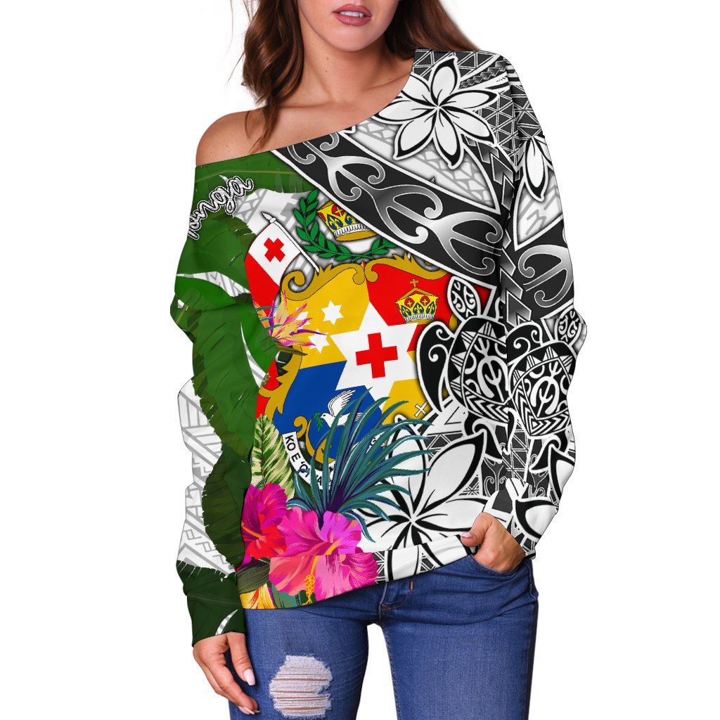 Tonga Women's Off Shoulder Sweater White - Turtle Plumeria Banana Leaf - Polynesian Pride