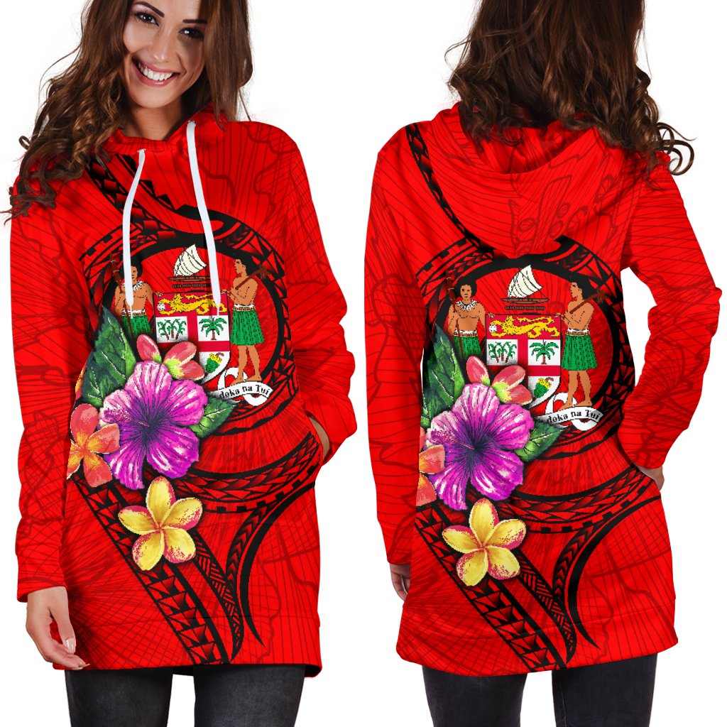 Fiji Polynesian Women's Hoodie Dress - Floral With Seal Red - Polynesian Pride