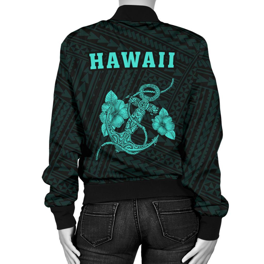Hawaii Kakau Polynesian Anchor Women's Bomber Jacket - Turquoise - Polynesian Pride