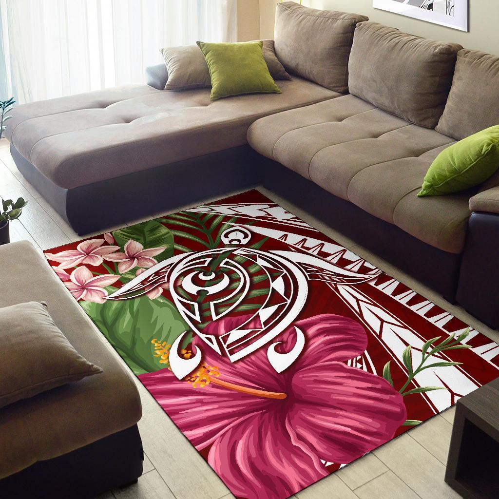 Hawaii Polynesian Turtle Tropical Hibiscus Plumeria Rug - Red - Polynesian Pride