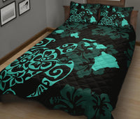Turtle Hibiscus Map Turquoise Quilt Bed Set - Polynesian Pride