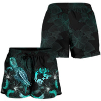 Tonga Polynesian Women's Shorts - Turtle With Blooming Hibiscus Turquoise - Polynesian Pride
