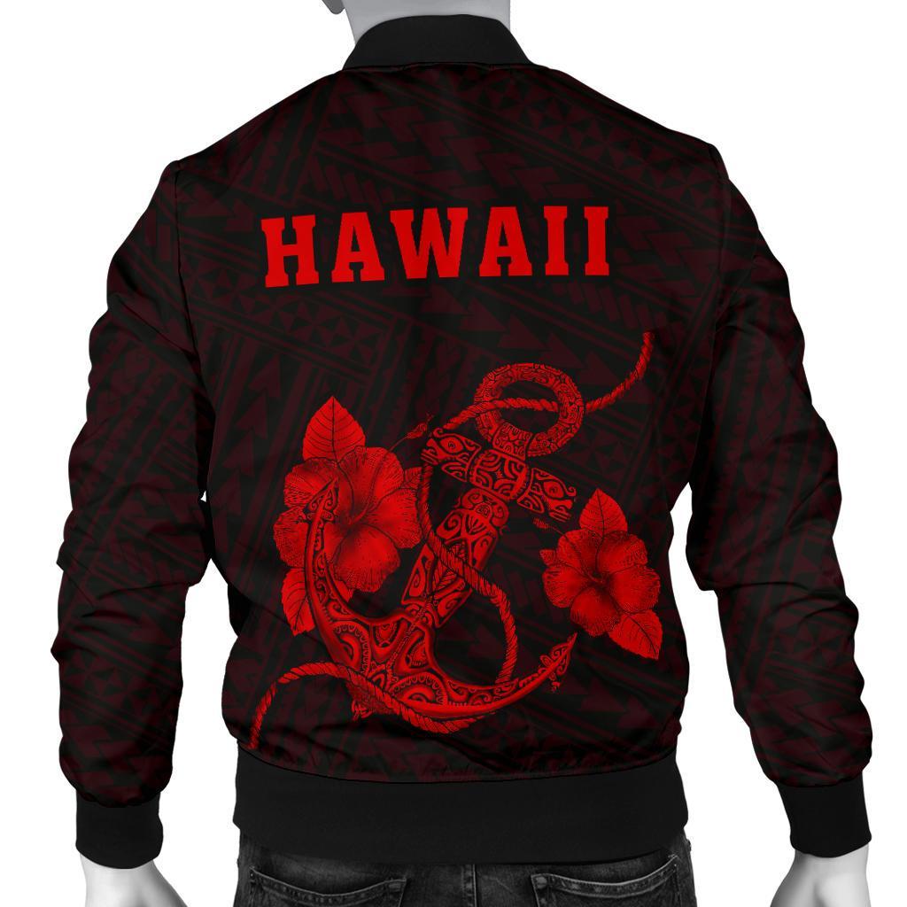Hawaii Kakau Polynesian Anchor Map Men's Bomber Jacket - Red - Polynesian Pride