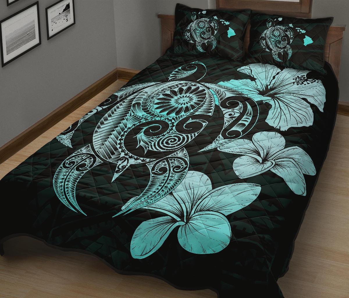 Hibiscus Plumeria Mix Polynesian Turquoise Turtle Quilt Bed Set - Polynesian Pride