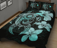 Hibiscus Plumeria Mix Polynesian Turquoise Turtle Quilt Bed Set - Polynesian Pride
