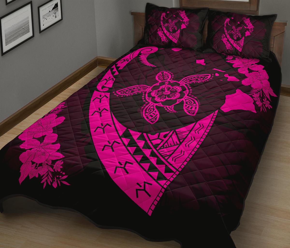 Hawaiian Map Hibiscus Turtle Fish Hook Polynesian Quilt Bedding Set Pink - Polynesian Pride