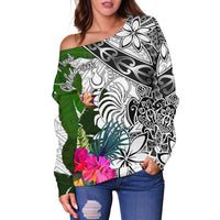 New Caledonia Women's Off Shoulder Sweater White - Turtle Plumeria Banana Leaf Crest - Polynesian Pride