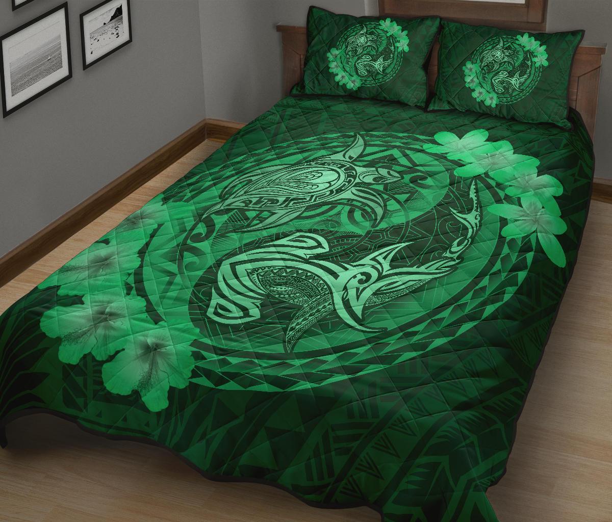Hawaii Yin Yang Turtle Shark Hibiscus Plumeria Quilt Bed Set - Green - Polynesian Pride