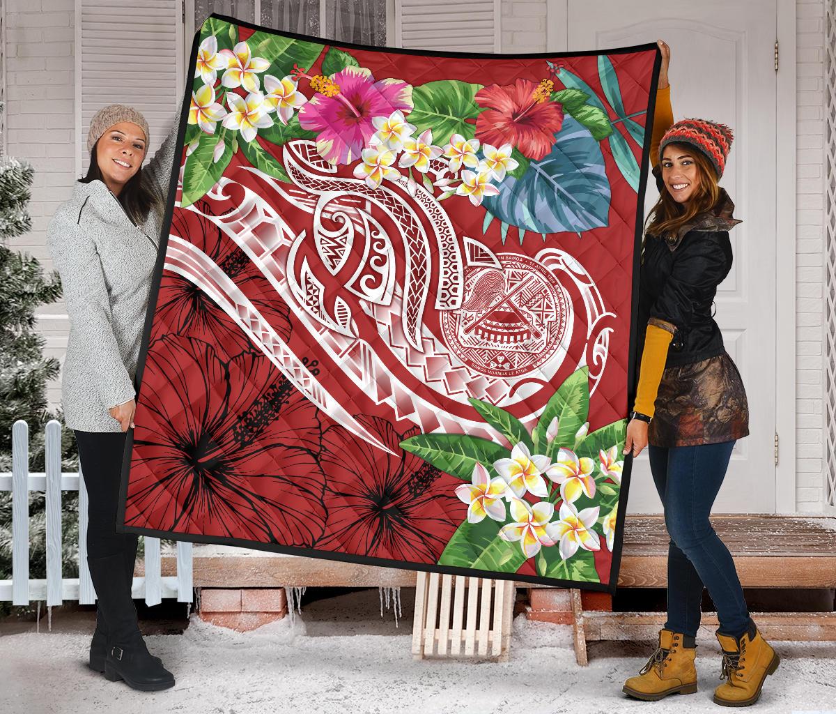 Polynesian American Samoa Premium Quilt - Summer Plumeria (Red) - Polynesian Pride