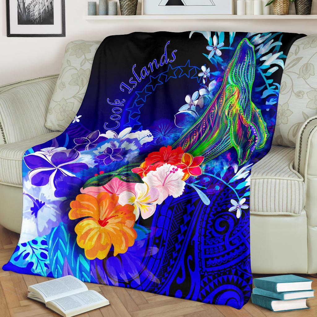 Cook Islands Premium Blanket - Humpback Whale with Tropical Flowers (Blue) - Polynesian Pride
