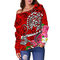 Polynesian Women's Off Shoulder Sweater - Turtle Plumeria Red Color - Polynesian Pride