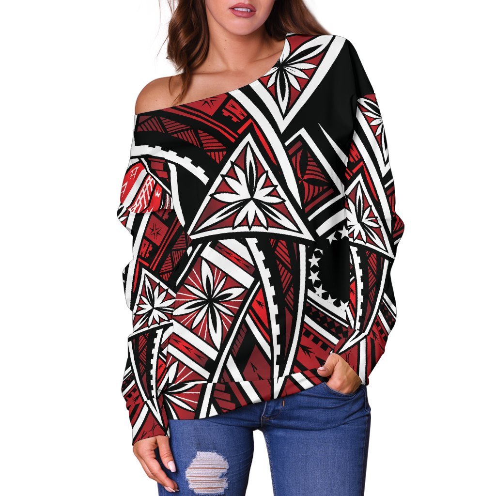 Cook Islands Women's Off Shoulder Sweaters - Tribal Flower Special Pattern Red Color - Polynesian Pride