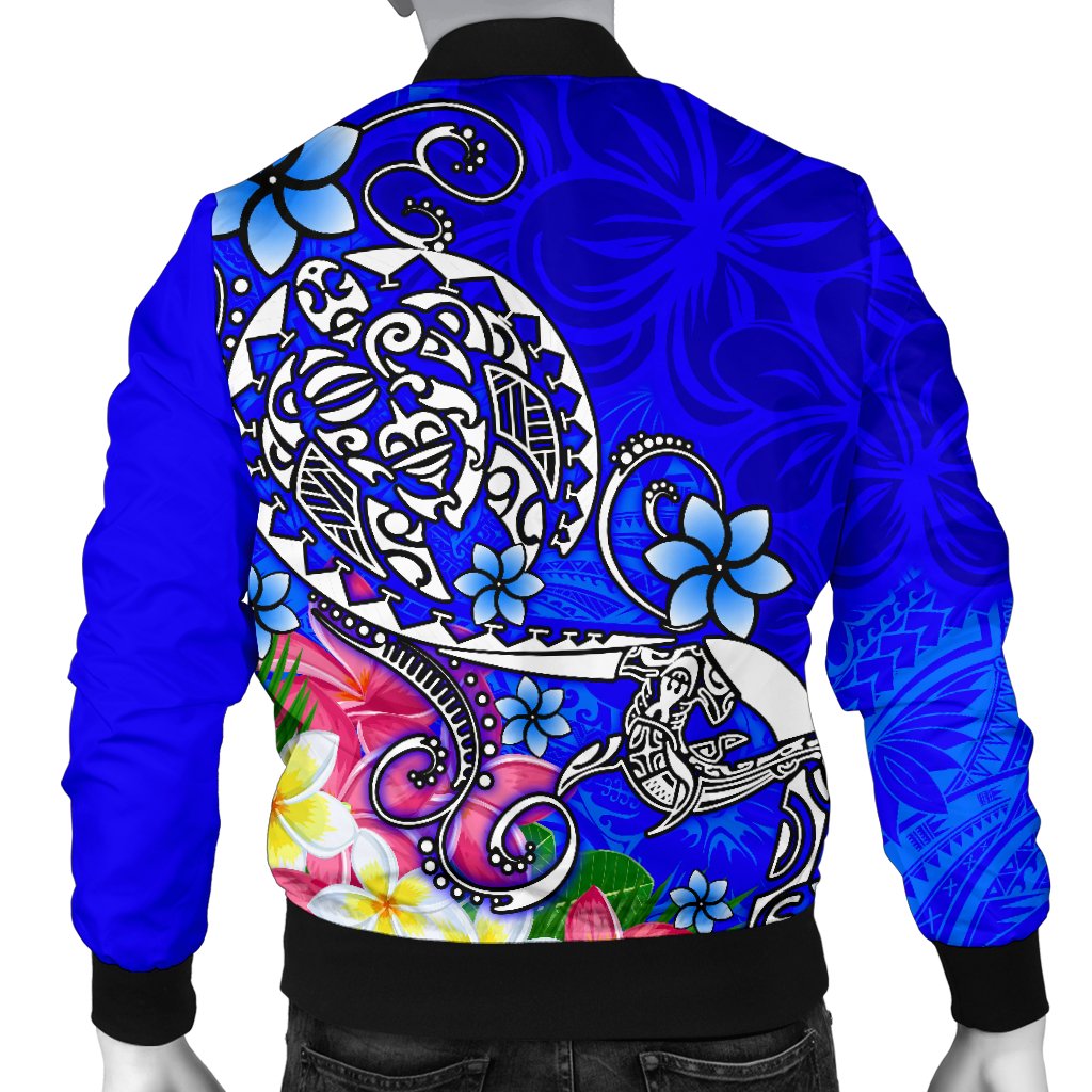 Polynesian Men's Bomber Jacket - Turtle Plumeria Blue Color - Polynesian Pride