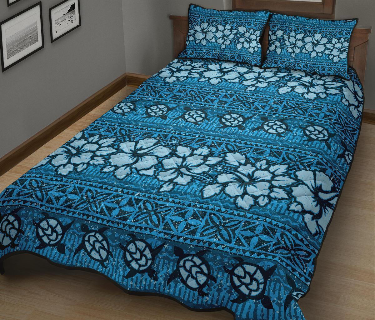 Fiji Polynesian Quilt Bed Set Tapa Hibiscus Blue - Polynesian Pride