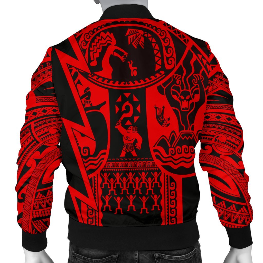 Polynesian Guinea Men's Bomber Jacket - Moana Maui Tattoo With Coat Of Arm Guinea Red - Polynesian Pride