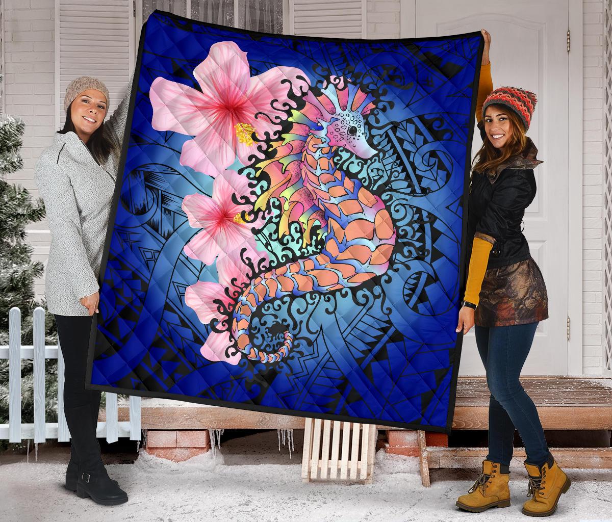 Hawaii Polynesian Pink Hibiscus Seahorse Premium Quilt - Polynesian Pride