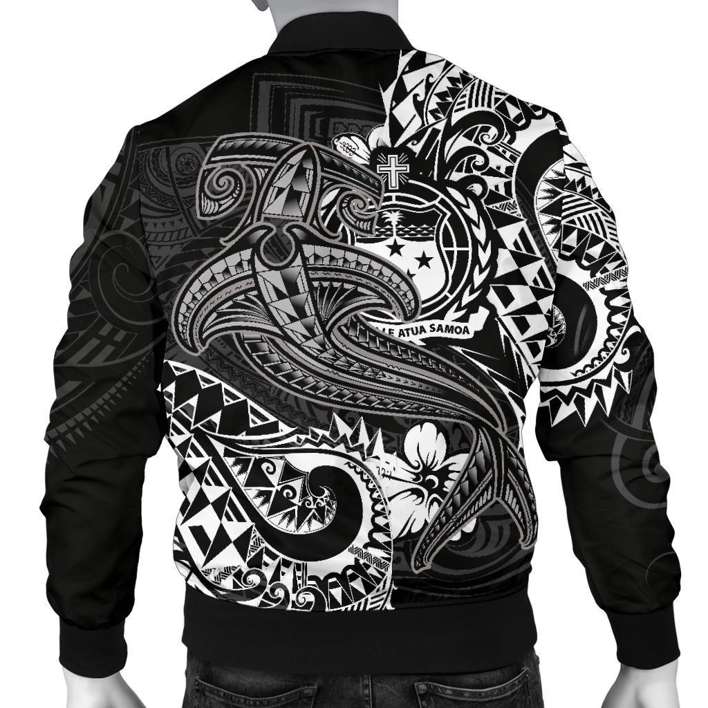 Samoa Men's Bomber Jacket - White Shark Polynesian Tattoo - Polynesian Pride