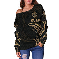 Guam Polynesian Women's Off Shoulder Sweater - Gold Tribal Wave - Polynesian Pride