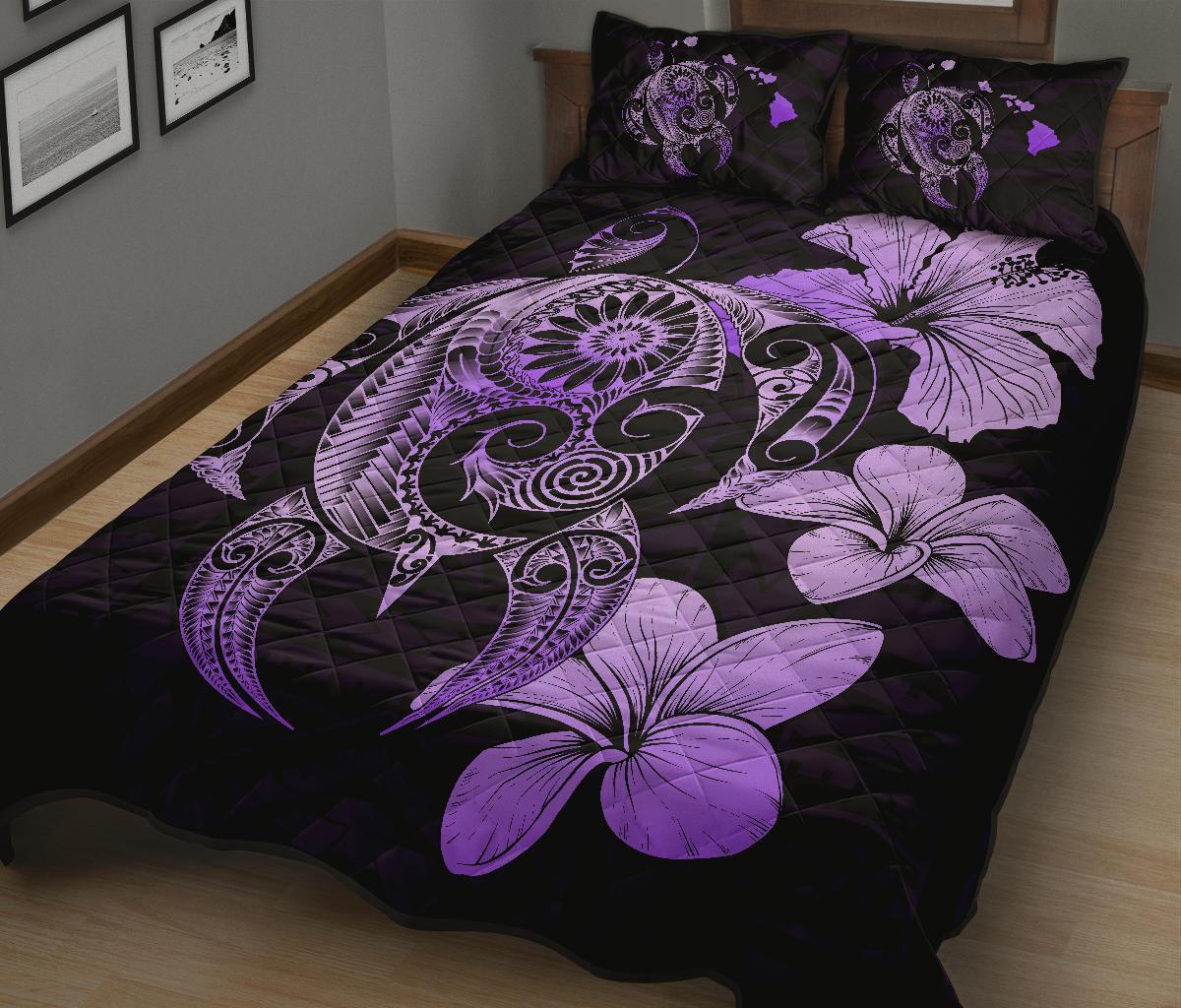 Hibiscus Plumeria Mix Polynesian Violet Turtle Quilt Bed Set - Polynesian Pride