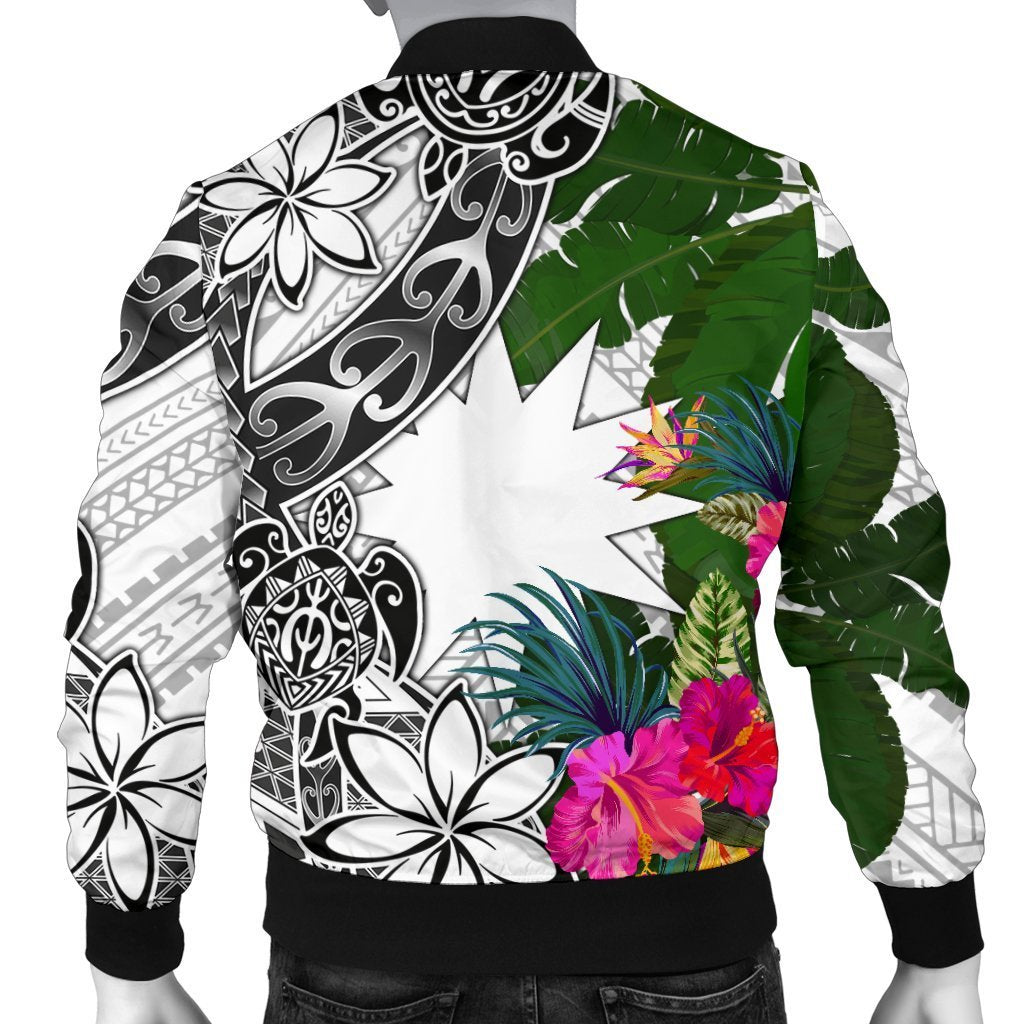 Nauru Custom Personalised Men's Bomber Jacket White - Turtle Plumeria Banana Leaf - Polynesian Pride