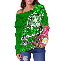 Tonga Women's Off Shoulder Sweater - Turtle Plumeria (Green) - Polynesian Pride