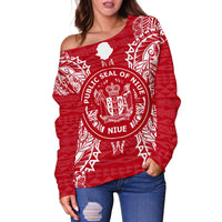 Niue Polynesian Shoulder Sweater Map Red White - Polynesian Pride