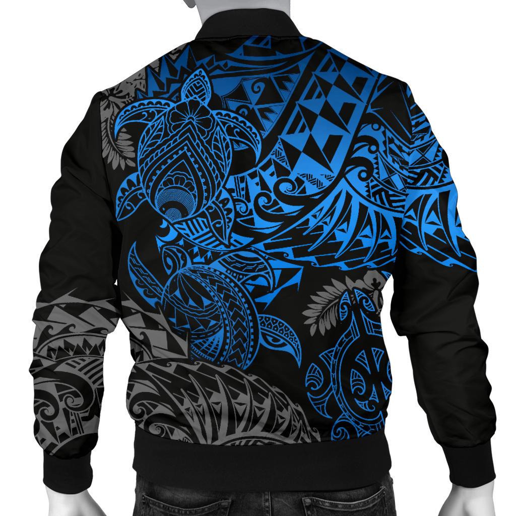 Samoa Polynesian Bomber Jacket (Men) - Blue Turtle Flowing - Polynesian Pride