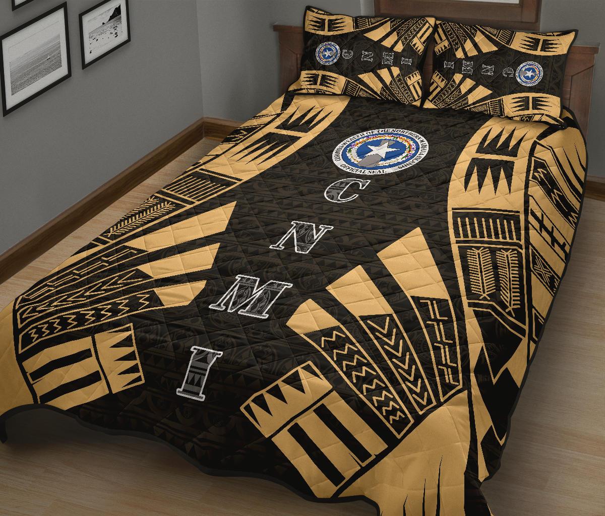 Northern Mariana Islands Quilt Bed Set - Northern Mariana Islands Seal & Polynesian Yellow Tattoo Style - Polynesian Pride