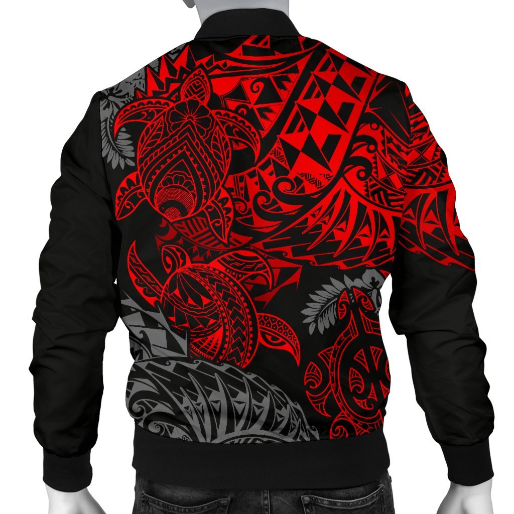 Polynesian Hawaii (Kanaka Maoli) Men Bomber Jacket - Red Hibiscus Turtle Flowing - Polynesian Pride
