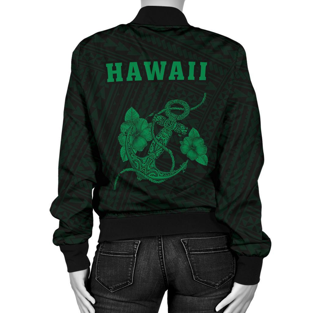 Hawaii Kakau Polynesian Anchor Women's Bomber Jacket - Green - Polynesian Pride