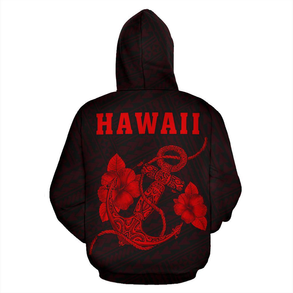 Polynesian Kakau Anchor Hibiscus Hawaii Zip Hoodie Red - Polynesian Pride