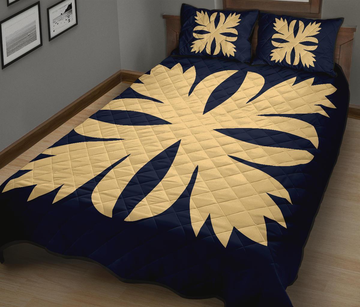 Hawaiian Royal Pattern Quilt Bed Set - Indigo - C3 Style - Polynesian Pride