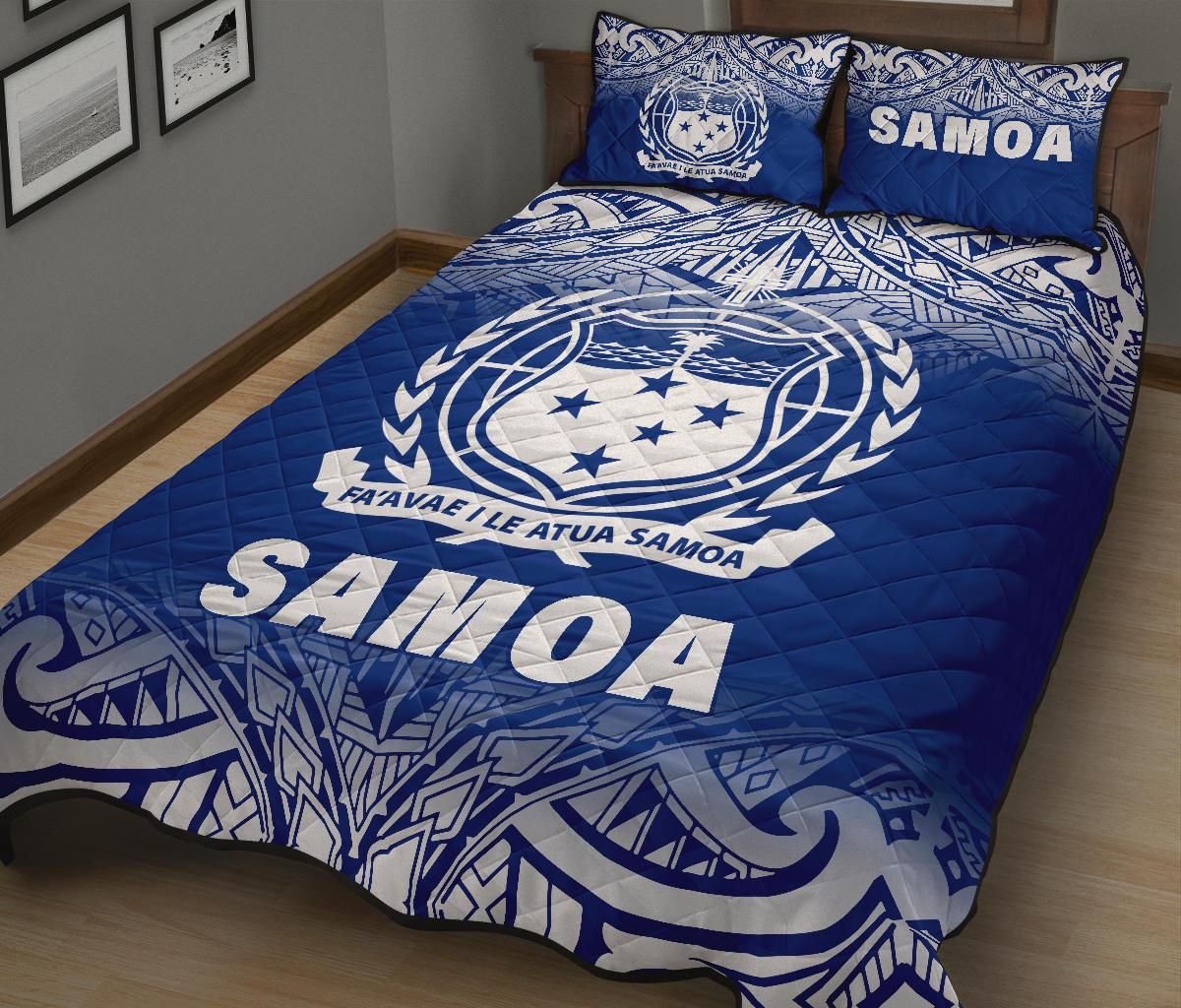 Samoa Quilt Bed Set - Samoa Coat Of Arms Polynesian Tattoo Blue Fog White Version - Polynesian Pride